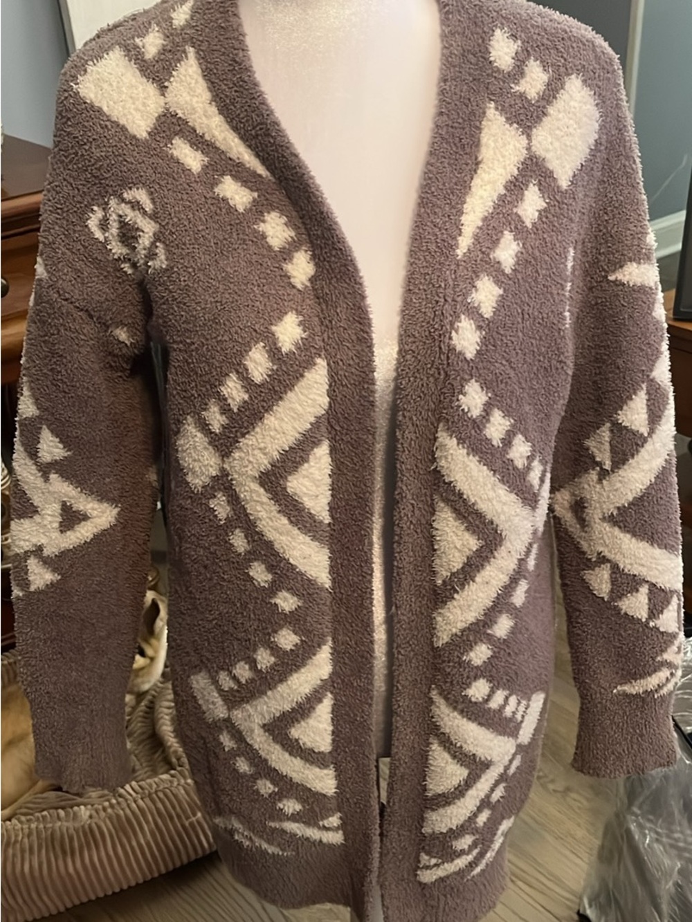 Plush Taupe & Cream Open-Front Knit Cardigan